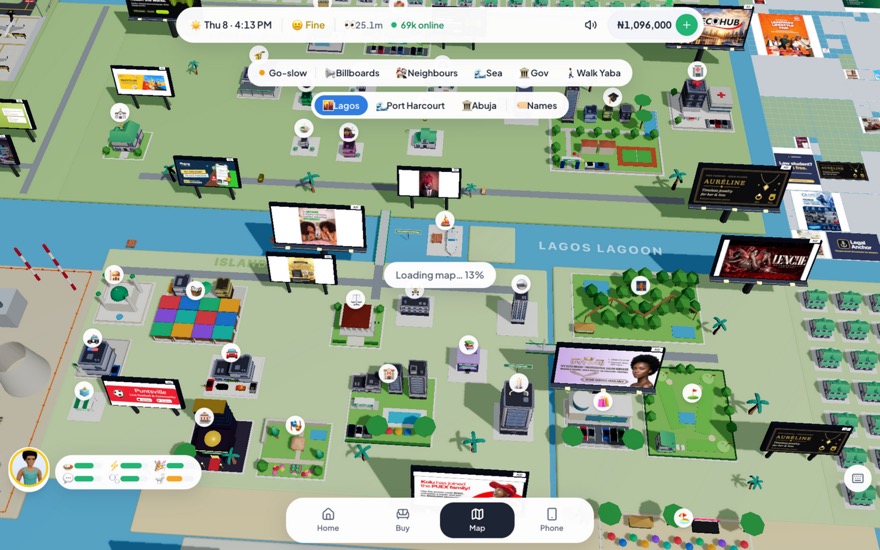 Lagos Life in-game map on desktop: place buttons like Quilox, CcHub, Eko Hotels and High Court, live traffic status reading Go-slow, and Lagos, Port Harcourt, Abuja city switcher
